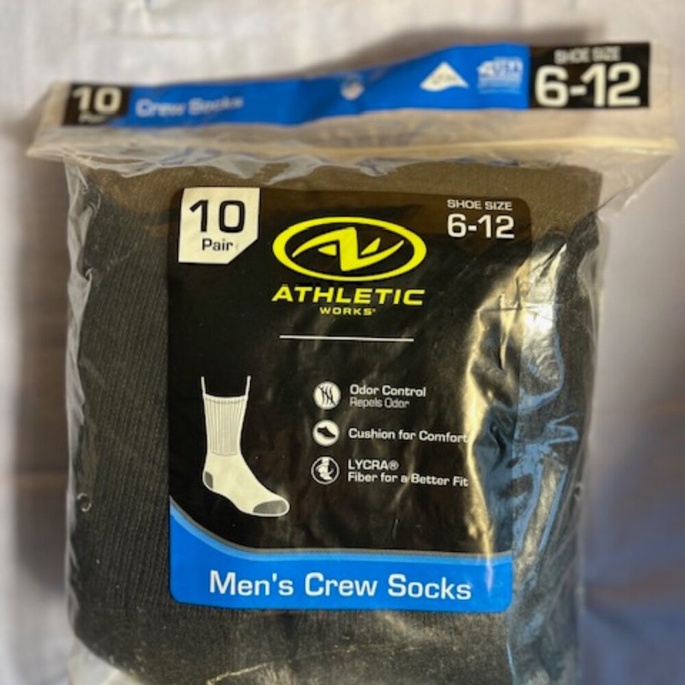 10 pair Men's Athletic Works Black Crew Socks Fits sizes 6-12 with odor control